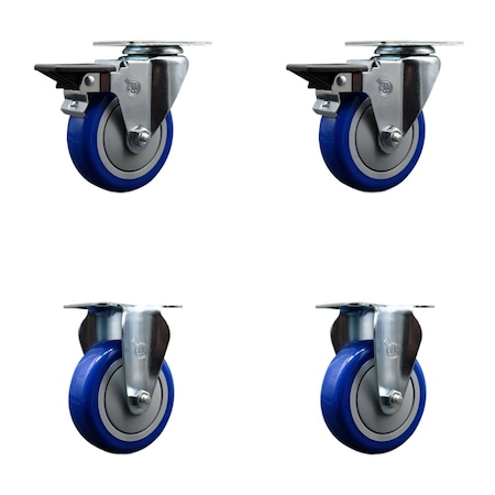 Service Caster 4'' Blue Poly Wheel Swivel Top Plate Caster Set with 2 Posi Brakes 2 Rigid, 4PK SCC-20S414-PPUB-BLUE-PLB-2-R-2